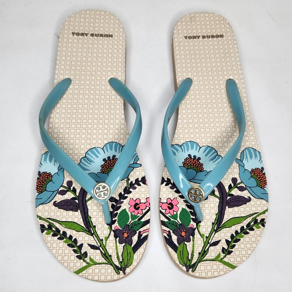 Tory Burch Womens Size 11 Thin Flip Flop Blue Ivory Flowers Floral Summer Beach